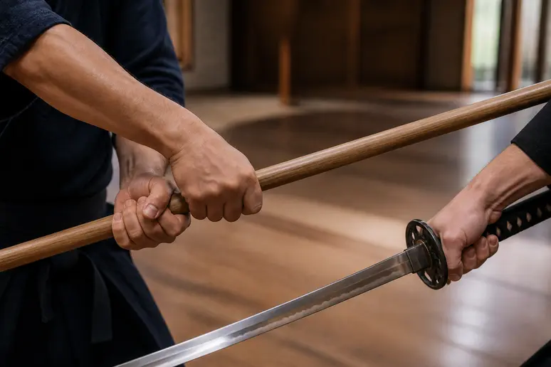 Mains tenant fermement un bâton long et un sabre, exécutant un mouvement de défense coordonné.