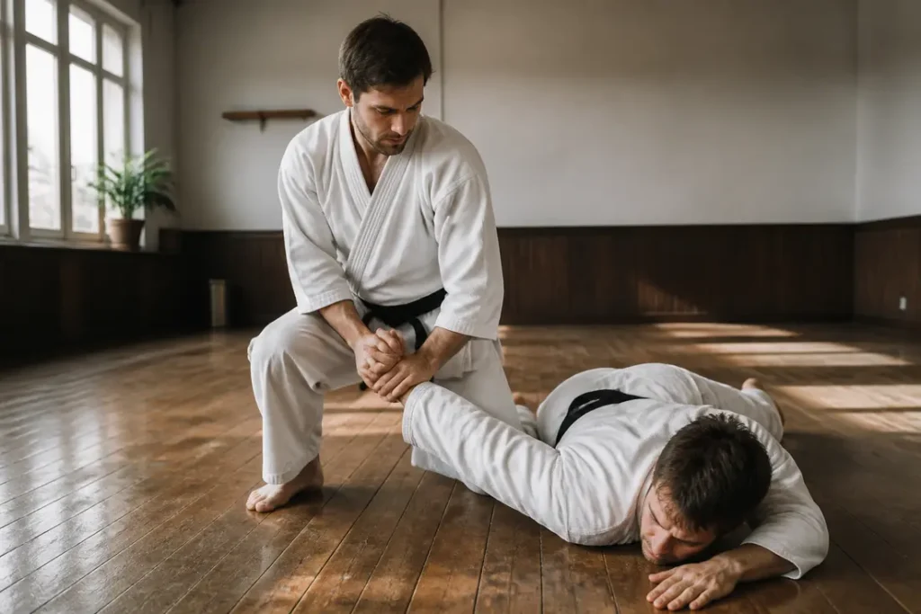 Pratiquants d'aïkibudo en pleine séance d'entraînement, travaillant une technique de self-défense au poignet.