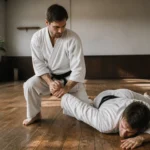 Pratiquants d'aïkibudo en pleine séance d'entraînement, travaillant une technique de self-défense au poignet.