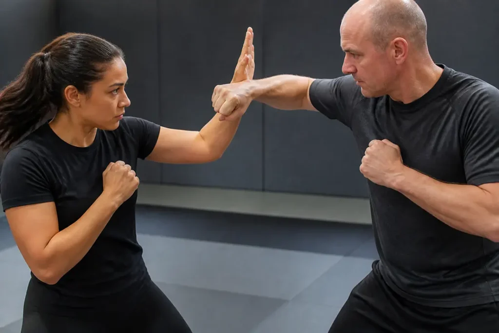 Entraînement de self-défense : démonstration d'un atemi contrôlé dans un dojo.