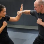 Entraînement de self-défense : démonstration d'un atemi contrôlé dans un dojo.