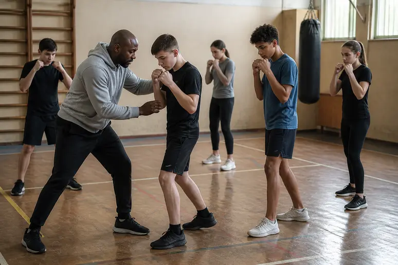 Éducateur sportif corrigeant la position des pieds de jeunes pratiquants dans une salle communale éclairée par la lumière du jour.