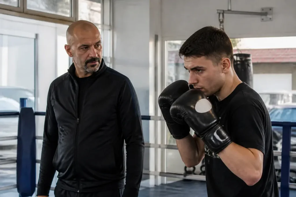 Christophe Tiozzo transmet son expérience à un jeune pratiquant dans une salle de boxe associative française.