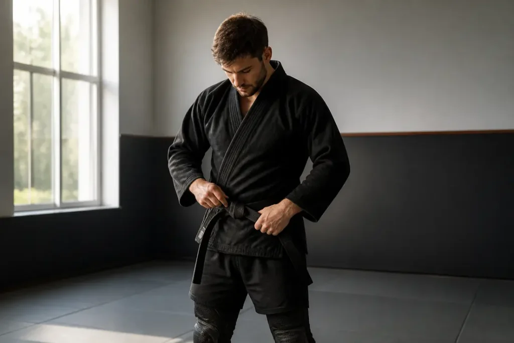 Pratiquant de Krav Maga ajustant sa coquille boxe sous son short dans un dojo.