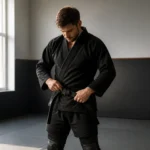 Pratiquant de Krav Maga ajustant sa coquille boxe sous son short dans un dojo.