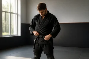 Pratiquant de Krav Maga ajustant sa coquille boxe sous son short dans un dojo.