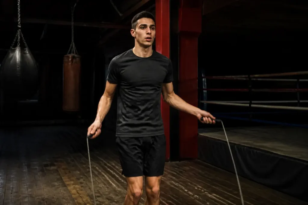 Un jeune boxeur s'entraîne avec une corde à sauter boxe dans un gymnase réaliste en France.
