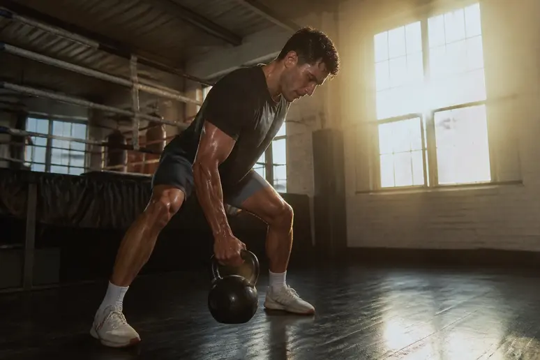 Un athlète effectue un exercice de préparation physique intense dans une salle de boxe équipée.