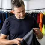 Un professionnel examine le textile technique d'un vêtement de sport dans un atelier de création.