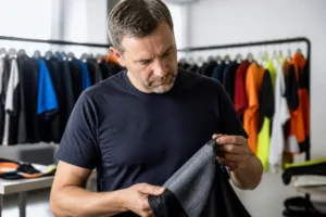 Un professionnel examine le textile technique d'un vêtement de sport dans un atelier de création.