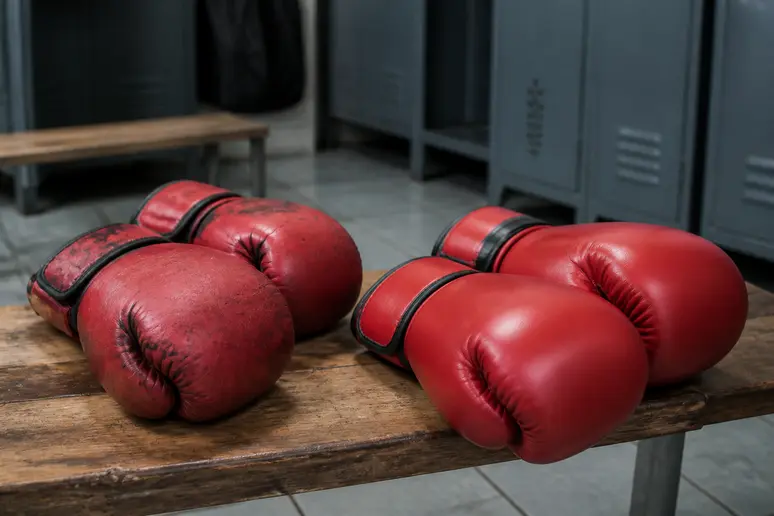 Deux paires de gants de boxe dans une armoire de vestiaire, l'une légèrement usée.