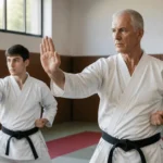 Dominique Valera transmet son savoir en karaté contact dans un dojo français