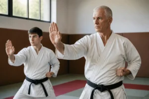 Dominique Valera transmet son savoir en karaté contact dans un dojo français