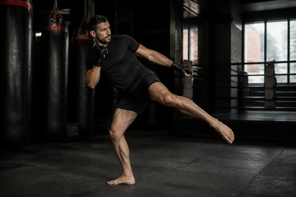 Entraîneur de kickboxing travaillant la précision technique d'un low-kick inspiré par ernesto hoost