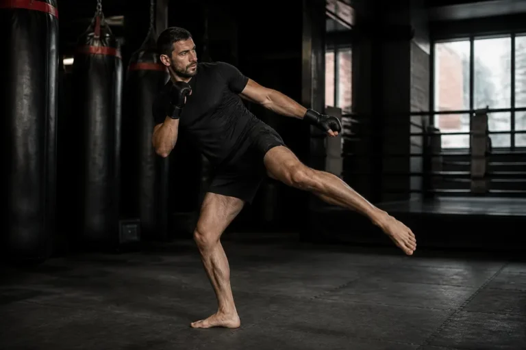 Entraîneur de kickboxing travaillant la précision technique d'un low-kick inspiré par ernesto hoost
