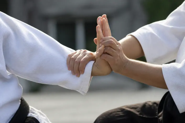 Démonstration de mains appliquant une clé articulaire de Hapkido, mains alignées.