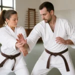 Débuter le hapkido adulte : deux pratiquants effectuent une technique de self-défense.