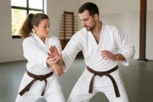 Débuter le hapkido adulte : deux pratiquants effectuent une technique de self-défense.