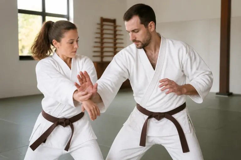 Débuter le hapkido adulte : deux pratiquants effectuent une technique de self-défense.