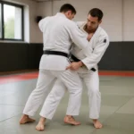 Deux judokas en plein entraînement technique pour perfectionner leur harai goshi sur tatami
