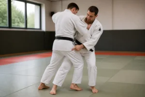 Deux judokas en plein entraînement technique pour perfectionner leur harai goshi sur tatami