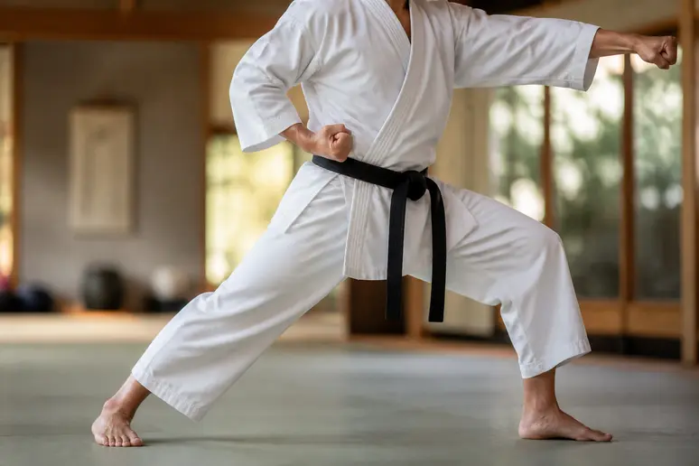 Un pratiquant de karaté exécute un coup de poing inversé puissant, jambe arrière stable, hanches engagées.