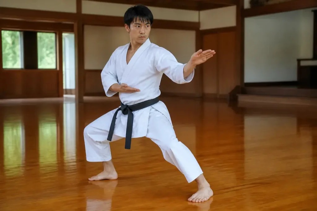 Pratique du kata Heian Godan par un jeune karatéka dans un dojo, soulignant l'équilibre et la précision des mouvements.
