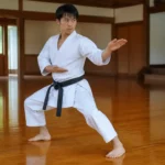 Pratique du kata Heian Godan par un jeune karatéka dans un dojo, soulignant l'équilibre et la précision des mouvements.