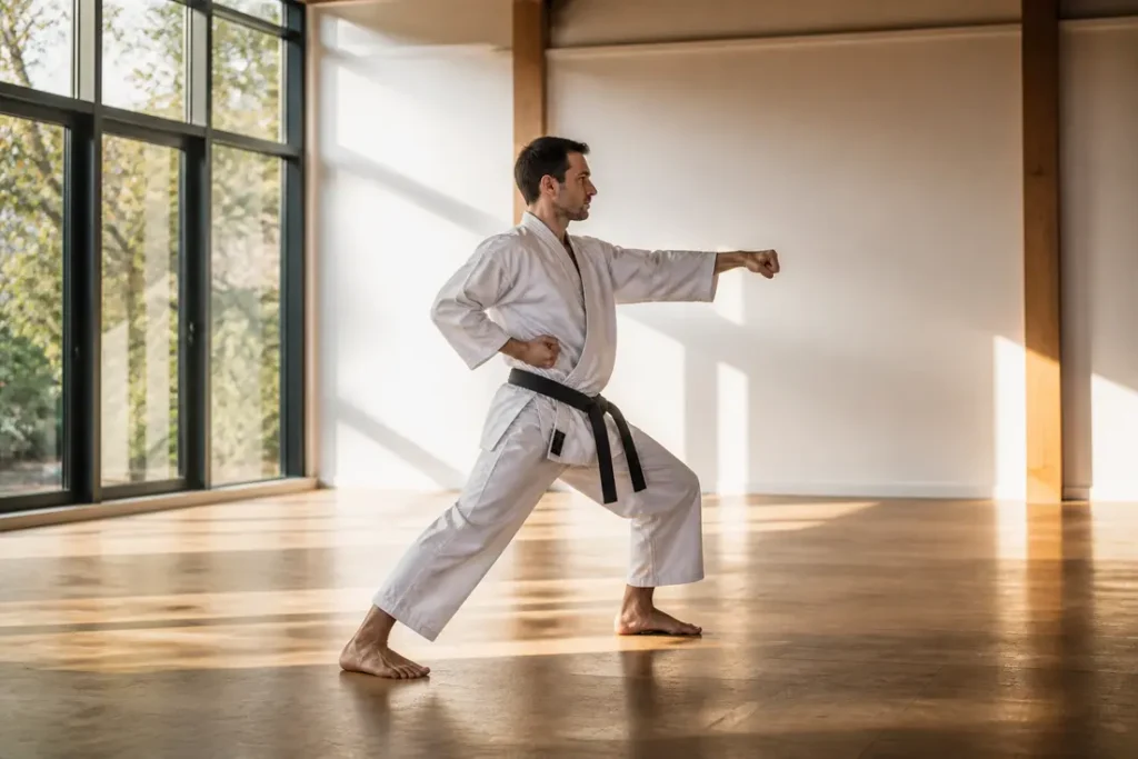 Pratiquant de karaté exécutant un mouvement précis du kata heian yondan en dojo