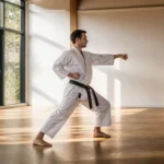 Pratiquant de karaté exécutant un mouvement précis du kata heian yondan en dojo