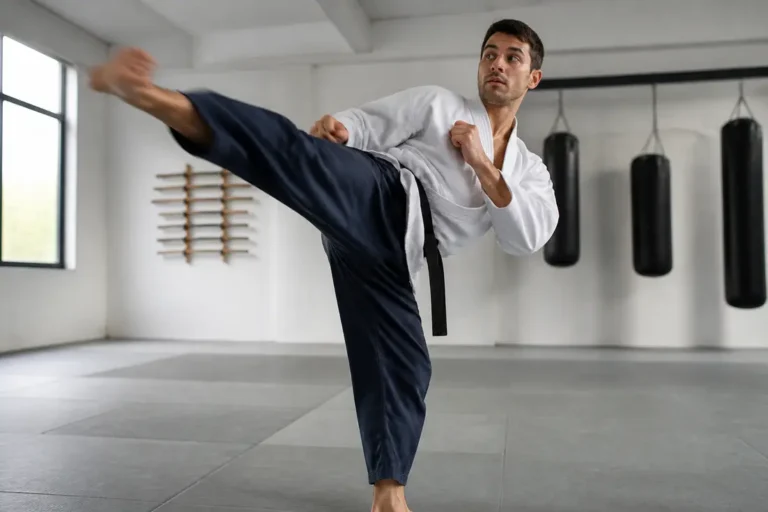 Pratiquant de Krav Maga tente un high kick, montrant la souplesse de hanche nécessaire.