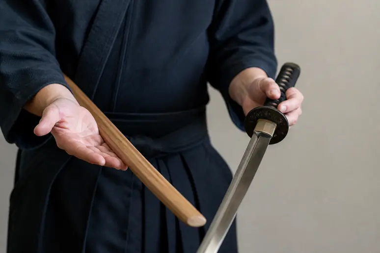 Mains tenant un bokken en bois et un iaito métallique, illustrant la transition dans l'entraînement.