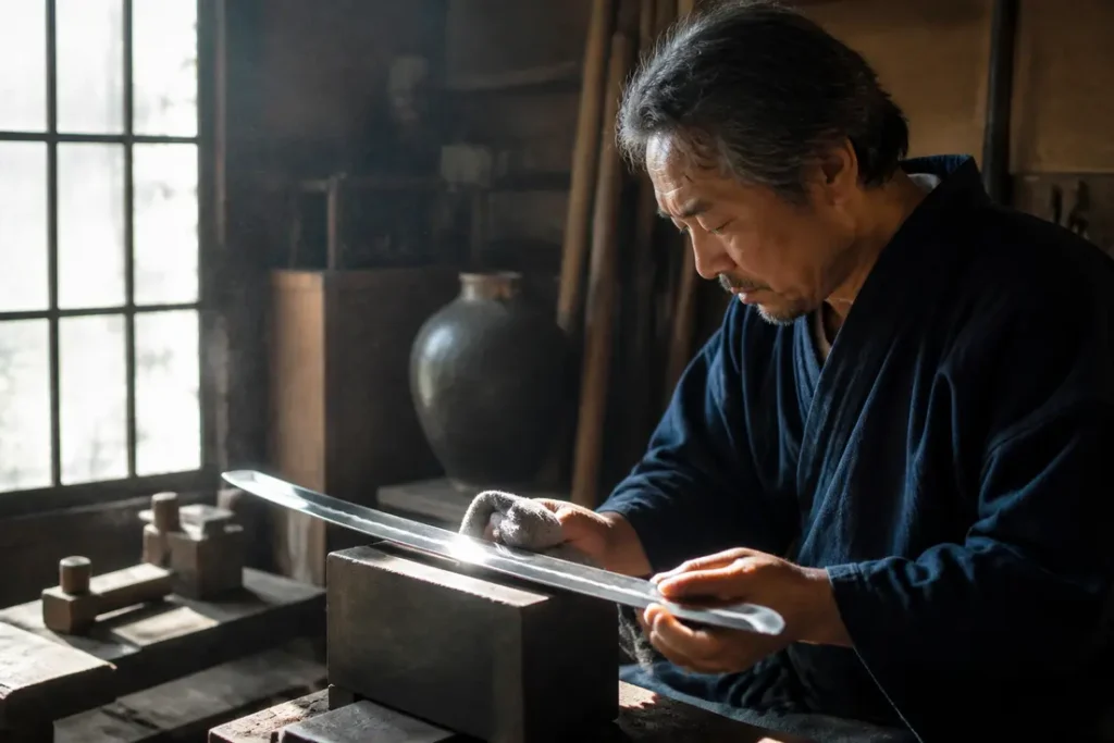 Artisan japonais polissant méticuleusement un iaito, arme d'iaido emblématique pour la pratique martiale.