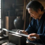 Artisan japonais polissant méticuleusement un iaito, arme d'iaido emblématique pour la pratique martiale.