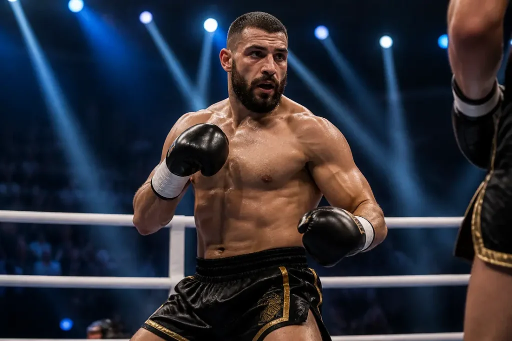 Le combattant jerome le banner en pleine action dans un ring de K-1, démontrant sa puissance.