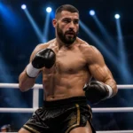 Le combattant jerome le banner en pleine action dans un ring de K-1, démontrant sa puissance.