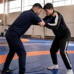 Deux sportifs en tenue travaillent une prise de lutte greco romaine sur un tapis dans un gymnase.