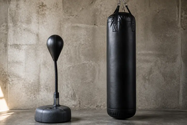 Punching-ball en forme de poire à côté d'un sac de frappe cylindrique, montrant leurs différences de forme et taille.