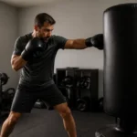 Homme frappant un punching ball dans son espace d'entraînement à domicile.