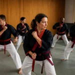 Entraînement de qwan ki do : des adultes en uniforme pratiquent des techniques de self-défense dans un dojo.