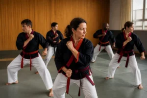 Entraînement de qwan ki do : des adultes en uniforme pratiquent des techniques de self-défense dans un dojo.