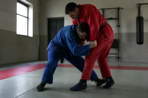 Pratique du sambo combat dans un club français, deux athlètes en action sur les tapis.