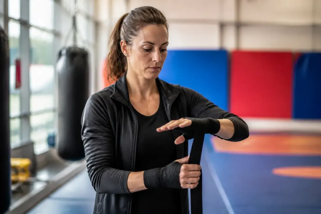 sarah ourahmoune lors d'une séance de préparation physique dans une salle de sport française