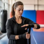 sarah ourahmoune lors d'une séance de préparation physique dans une salle de sport française