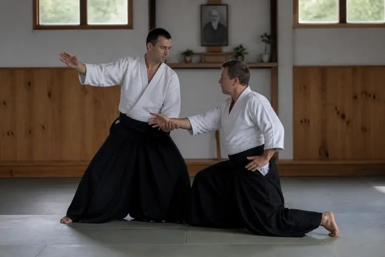 Couple exécutant une démonstration technique d'art martial, gestes précis et coordonnés.
