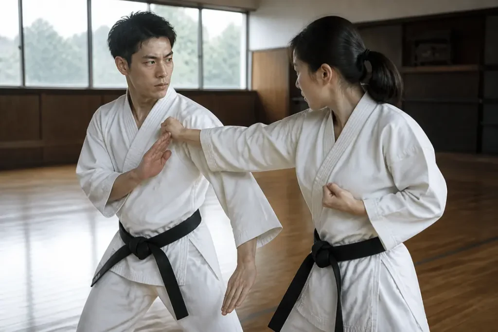 Pratiquants de shorinji kempo en action lors d'un entraînement réaliste dans un dojo