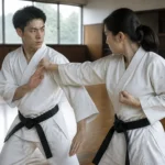 Pratiquants de shorinji kempo en action lors d'un entraînement réaliste dans un dojo