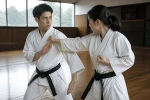 Pratiquants de shorinji kempo en action lors d'un entraînement réaliste dans un dojo