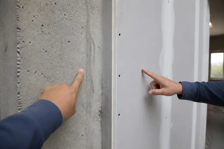 Comparaison visuelle entre un mur en béton plein et une cloison en placo.