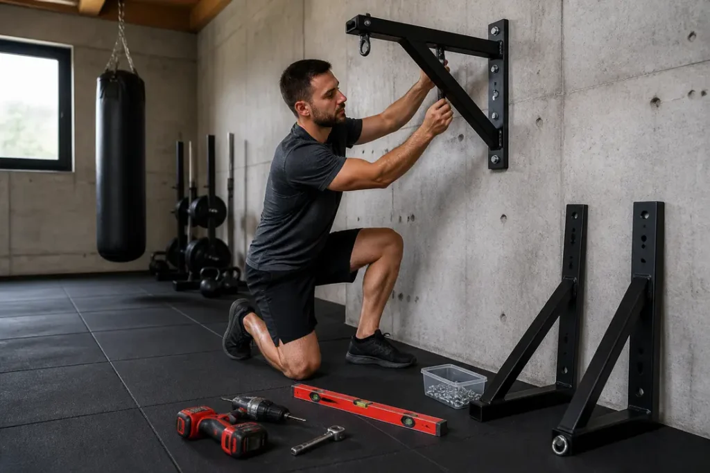 Installation d'un support sac de frappe solide sur un mur en béton brut dans une salle de sport à domicile.